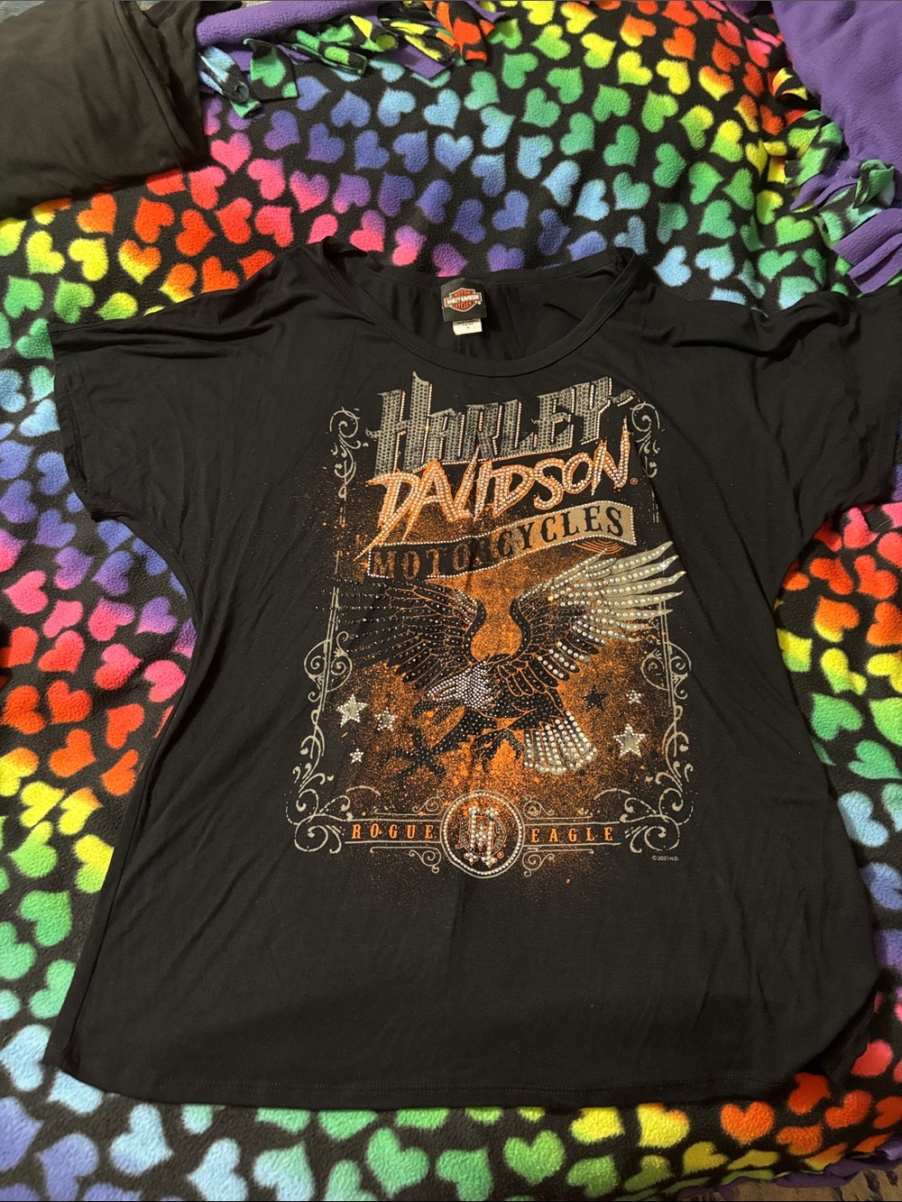 Harley-Davidson Black Tee with Metallic Orange & Silver Eagle Graphic